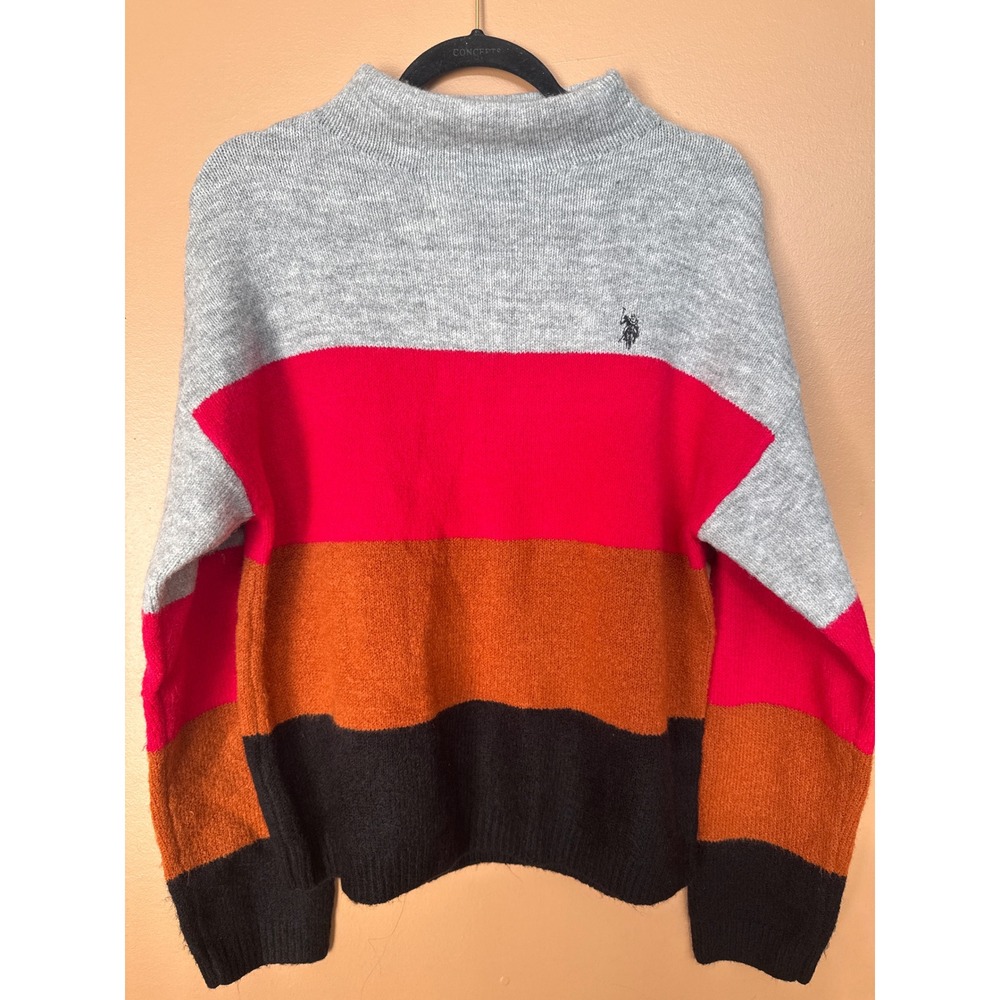 US Polo Assn Colorblock Striped Mock Neck Sweater Grey Pink Orange Black Large
